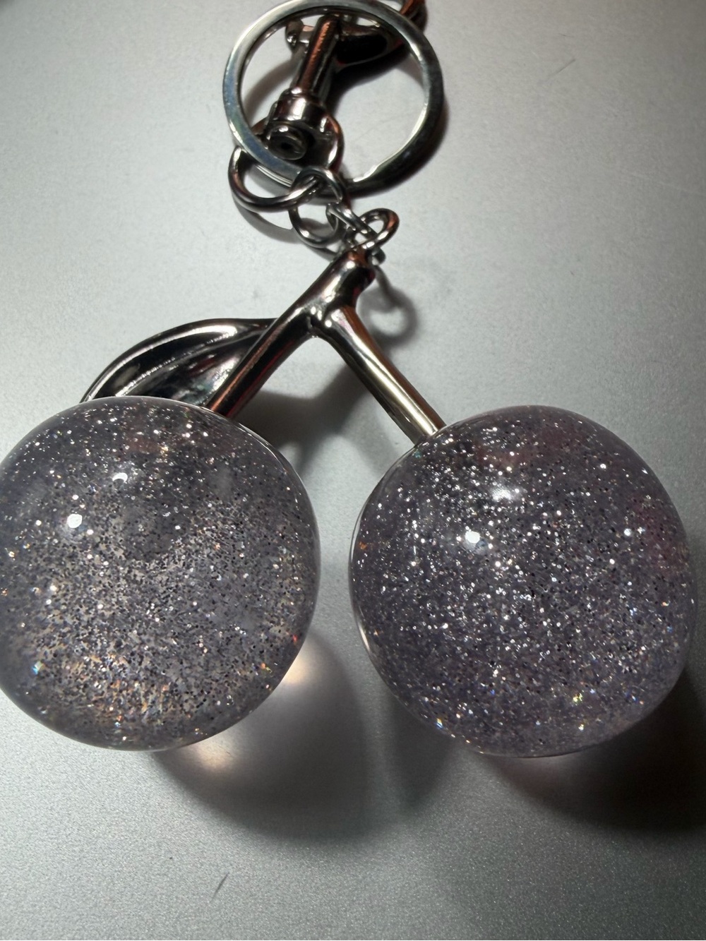 Glitter Sphere Cherry Keychain - Sparkling Silver